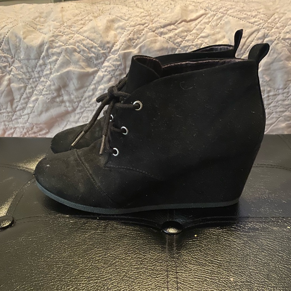 Black suede ankle wedge boots